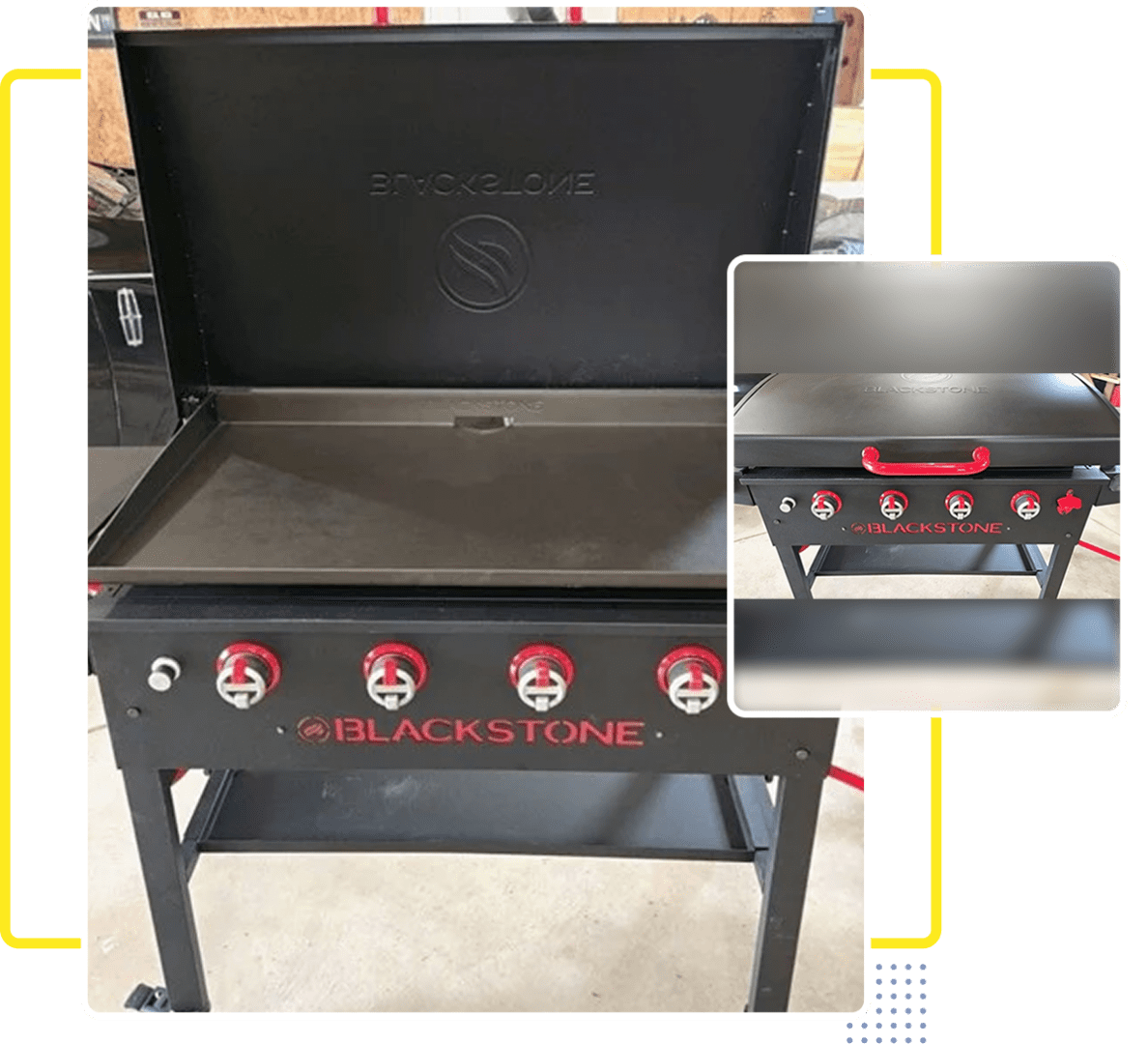 Blackstone outdoor griddle with cooking knobs and side shelves.