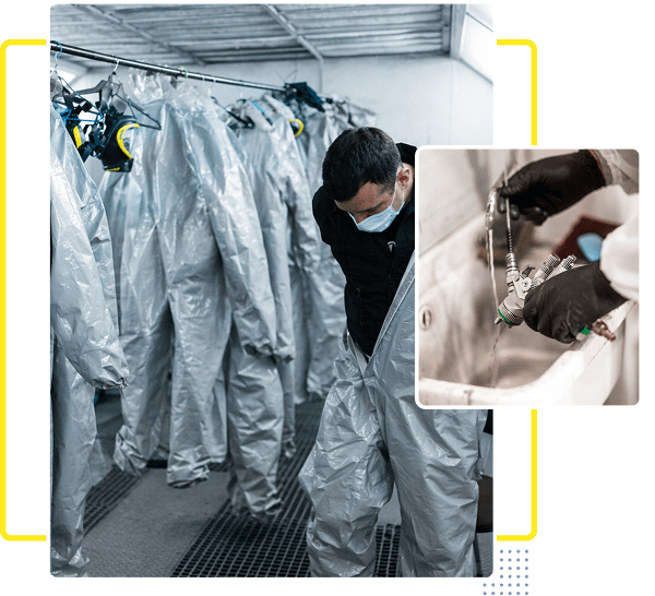 Workers handle silver hazmat suits in an industrial setting.