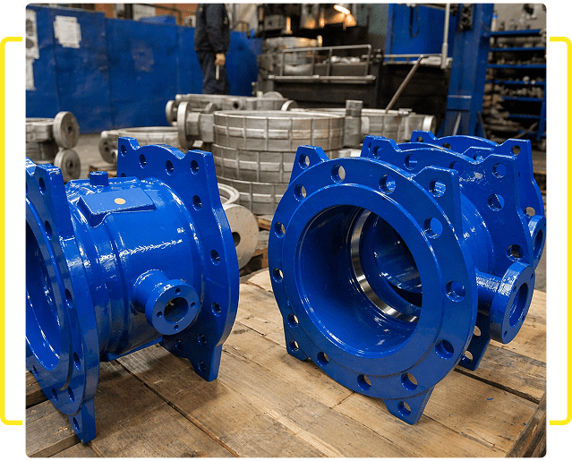 Blue industrial valves lined up in a workshop.