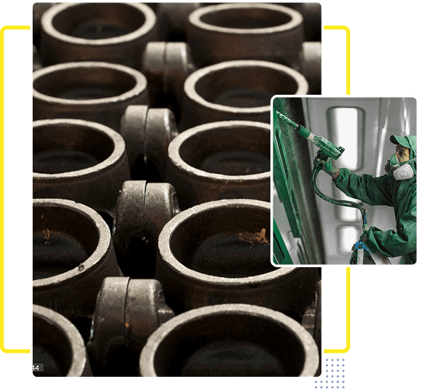 Close-up of cylindrical metal parts arranged in rows.
